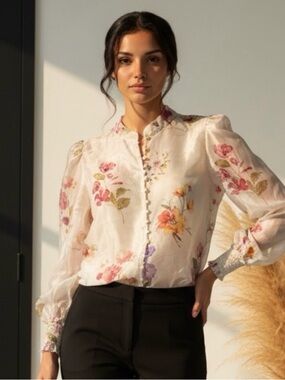 Bailey 44 Sheer Floral Button-Front Blouse in Ivory with Pink & Yellow Flowers